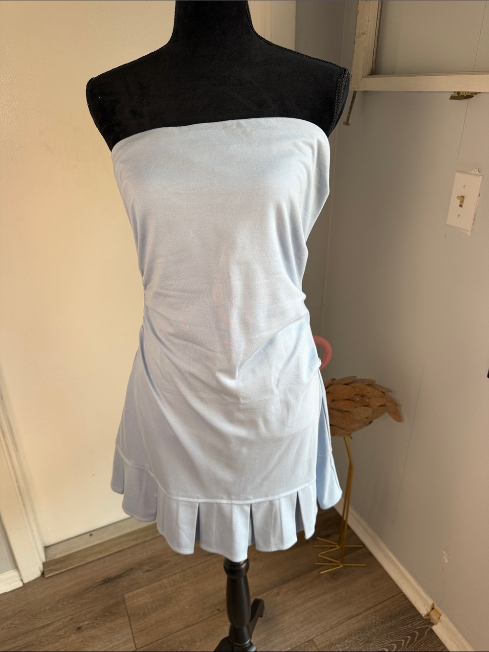 Altar'd State Strapless Pale Blue Ruffle-Hem Dress